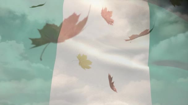 Digital Composition Nigeria Waving Flag Autumn Leaves Falling Clouds Sky — Stock Video