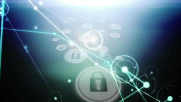 複数のセキュリティ南京錠のアイコンに対する接続の輝くネットワークのデジタルアニメーション グローバルなネットワークとサイバーセキュリティ技術の概念 — ストック動画