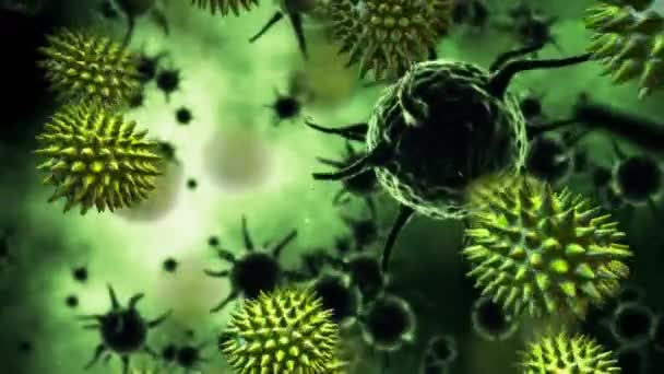 多个Covid 19细胞在绿色背景下漂浮和旋转的数字动画 Coronavirus Covid 19大流行病概念 — 图库视频影像