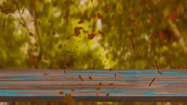 Digital Animation Multiple Autumn Leaves Floating Wooden Surface Forest Autumn — Stock Video