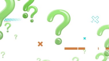 Beyaz arkaplandaki soru işaretlerinin canlandırması. iletişim teknolojisi, veri paylaşımı ve dijital arayüz konsepti dijital olarak oluşturulmuş video.