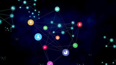 Siyah arkaplandaki bağlantı ağının canlandırılması. iletişim teknolojisi, veri paylaşımı ve dijital arayüz konsepti dijital olarak oluşturulmuş video.