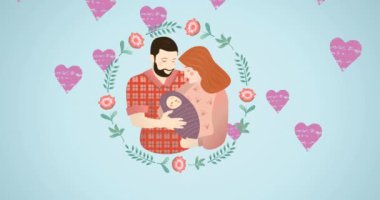 Mutlu anne ve babanın çiçek desenli, pembe kalplerle mavi renkte bebeği tutuşu animasyonu. aile, sevgi, destek ve koruma konsepti dijital olarak oluşturulmuş video.