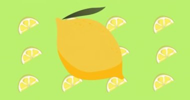 Yeşil arka planda yüzen tek limonların animasyonu. tropikal meyve, refah, yaz ve tatil konsepti dijital olarak üretilen video.