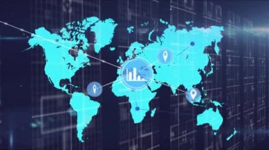 Dünya haritası üzerindeki bağlantı ağının animasyonu. iletişim teknolojisi, veri paylaşımı ve dijital arayüz konsepti dijital olarak oluşturulmuş video.