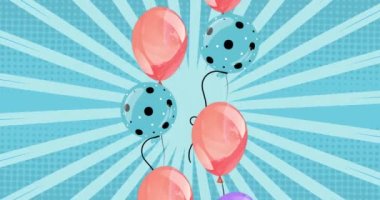 Mavi arka planda uçan renkli balonların canlandırması. parti ve kutlama konsepti dijital olarak oluşturulmuş video.