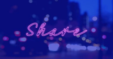 Şehir manzarası üzerinde paylaşım metninin canlandırması. iletişim teknolojisi, veri paylaşımı ve dijital arayüz konsepti dijital olarak oluşturulmuş video.