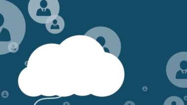 Mavi arkaplanda bulutların ve medya simgelerinin canlandırılması. iletişim teknolojisi, veri paylaşımı ve dijital arayüz konsepti dijital olarak oluşturulmuş video.