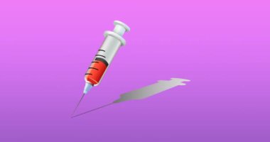 Mor zemin üzerinde aşı ikonu animasyonu. Grip, hastalık, virüs ve aşı konsepti dijital olarak üretilen video.