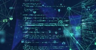 Siyah arkaplandaki bağlantı ağının canlandırılması. iletişim teknolojisi, veri paylaşımı ve dijital arayüz konsepti dijital olarak oluşturulmuş video.