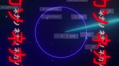 Sosyal medya simgeleri ve numaralarıyla Asyalı neon yazının animasyonu. Sosyal medya, iletişim ve dijital arayüz kavramı dijital olarak oluşturulmuş video.
