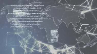 Dünya haritası üzerindeki bağlantı ağının animasyonu. iletişim teknolojisi, veri paylaşımı ve dijital arayüz konsepti dijital olarak oluşturulmuş video.