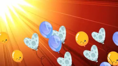 Turuncu güneşin üzerinde uçan renkli balonların animasyonu. parti ve kutlama konsepti dijital olarak oluşturulmuş video.