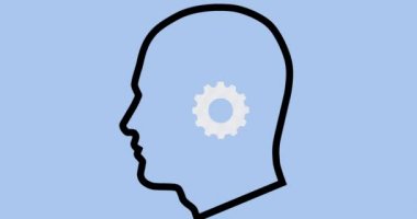 Mavi arka planda dişlileri olan insan kafası ikonu canlandırması. Grip, hastalık, virüs ve aşı konsepti dijital olarak üretilen video.