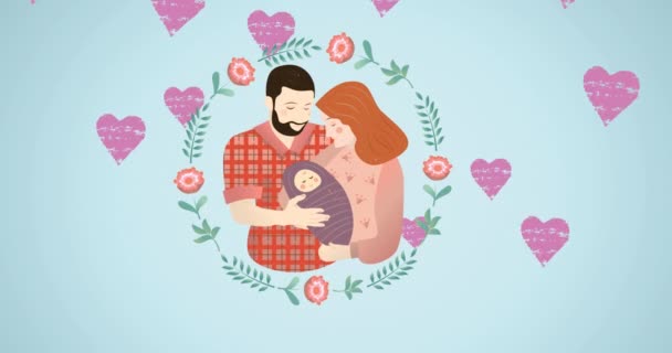 Animace Šťastné Matky Otce Držící Miminko Květinovém Rámečku Pohybujícími Růžovými — Stock video