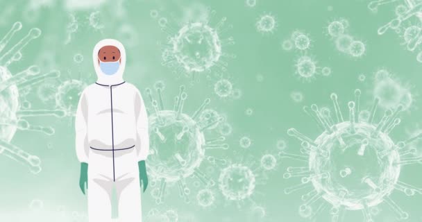 男医生用面罩在病毒细胞图标上的动画 全球联盟19大流行病概念数码视频 — 图库视频影像