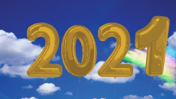 Mavi Gökyüzü Gökkuşağı Üzerinde Uçan 2021 Balon Animasyonu Parti Kutlama — Stok video