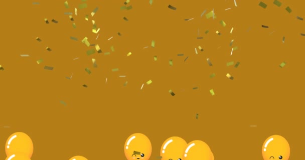 Animering Guld Ballonger Flyger Och Konfetti Faller Över Guld Bakgrund — Stockvideo