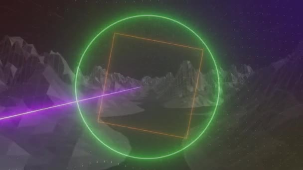 Animering Neonformer Över Berg Kommunikationsteknik Datadelning Och Digitalt Gränssnitt — Stockvideo
