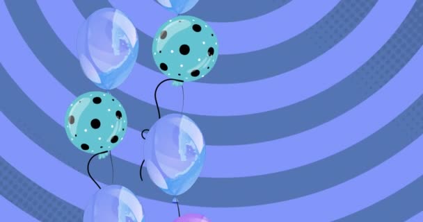 青い背景の上を飛ぶ青い風船のアニメーション パーティーやお祝いのコンセプトをデジタルで — ストック動画