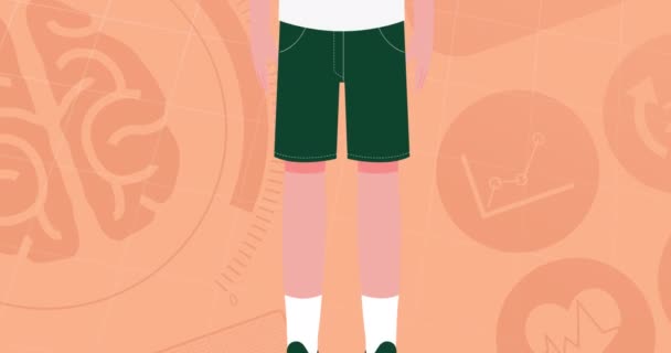 Анімація Хлопчика Масці Обличчя Над Цифровими Іконками Помаранчевому Фоні Глобальна — стокове відео