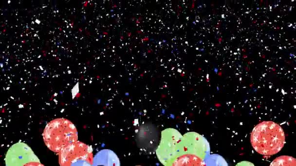 カラフルな風船のアニメーションが飛んで黒の背景にコンフェッティを落下します パーティーやお祝いのコンセプトをデジタルで — ストック動画