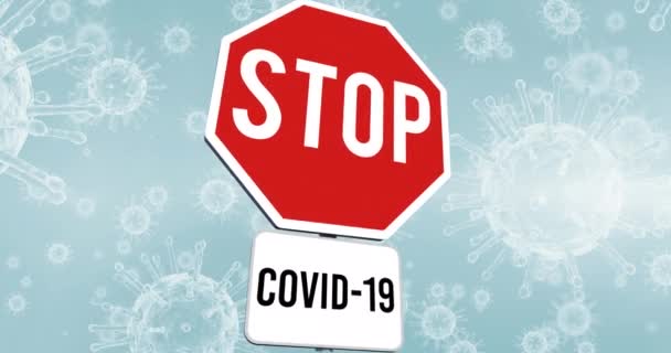 Анімація Знаку Зупинки Над Ковадлами Вірусних Клітин Глобальна Концепція Пандемії — стокове відео