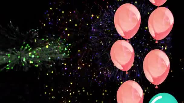 Анимация Красочных Воздушных Шаров Летящих Фейерверк Черном Фоне Вечеринка Празднование — стоковое видео