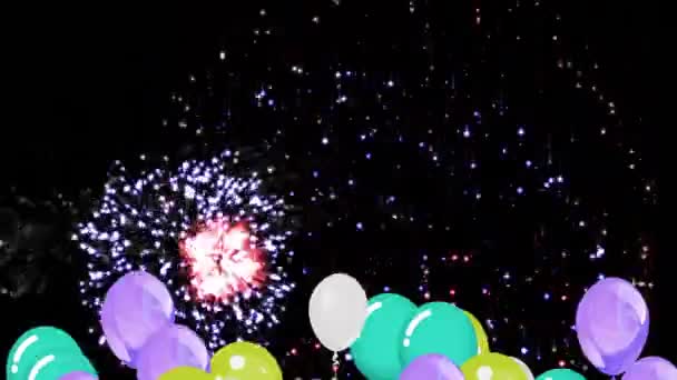 Animation Ballons Colorés Volant Tombant Confettis Sur Fond Noir Fête — Video