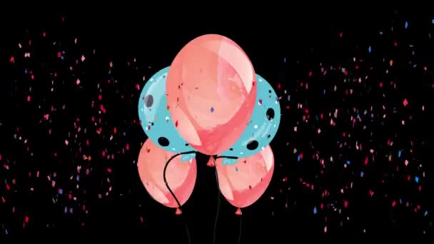 Animatie Van Kleurrijke Ballonnen Vliegen Vallen Confetti Zwarte Achtergrond Feest — Stockvideo