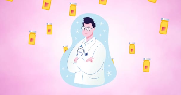 Animasi Dokter Dan Sekotak Ikon Pil Pada Latar Belakang Putih — Stok Video