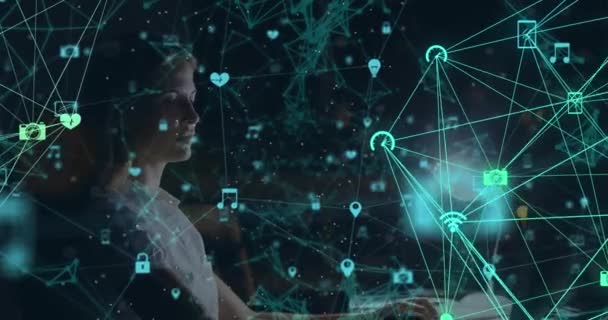 Animazione Rete Connessioni Sopra Lavoro Donna Affari Tecnologia Comunicazione Condivisione — Video Stock