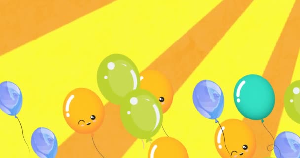 Κινούμενα Σχέδια Πολύχρωμα Μπαλόνια Που Πετούν Πάνω Από Κίτρινο Φόντο — Αρχείο Βίντεο