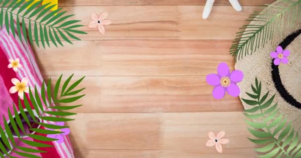 木製の背景に休日機器のアニメーション 熱帯夏休みレジャー旅行のコンセプトデジタルで生成されたビデオ — ストック動画