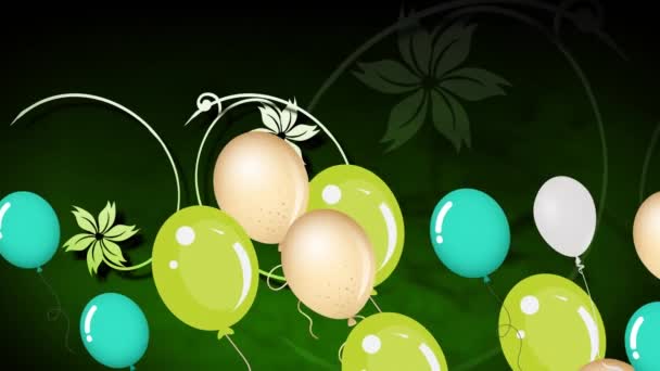 Animatie Van Kleurrijke Ballonnen Vliegen Bloemen Donkergroene Achtergrond Feest Feestconcept — Stockvideo