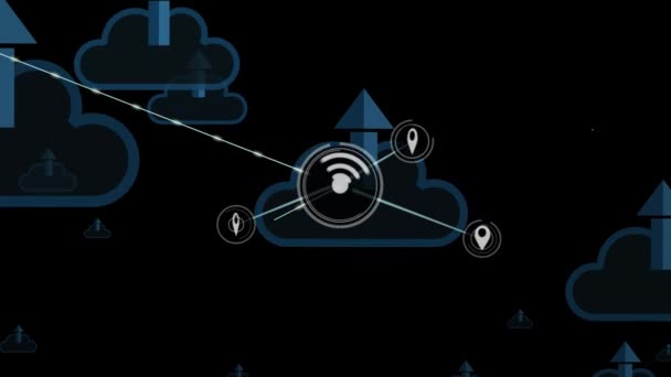 Animación Red Conexiones Sobre Nubes Tecnología Comunicación Intercambio Datos Interfaz — Vídeos de Stock