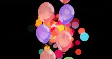 Siyah arka planda ışıklar üzerinde uçan renkli balonların canlandırması. parti ve kutlama konsepti dijital olarak oluşturulmuş video.