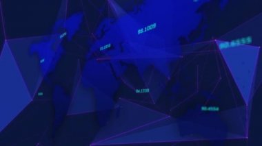 Dünya haritası üzerinde veri işleme animasyonu. iletişim teknolojisi, veri paylaşımı ve dijital arayüz konsepti dijital olarak oluşturulmuş video.