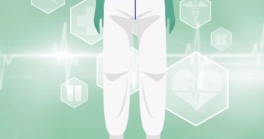 Yeşil arka planda dijital simgelerin üzerine yüz maskesi ve güneşlik takan doktorların animasyonu. küresel covid 19 salgın konsepti dijital olarak oluşturulmuş video.