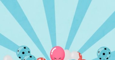 Mavi arka planda uçan renkli balonların canlandırması. parti ve kutlama konsepti dijital olarak oluşturulmuş video.