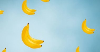 Mavi arka planda süzülen tek bir muzun animasyonu. tropikal meyve, refah, yaz ve tatil konsepti dijital olarak üretilen video.