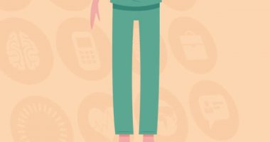 Turuncu arka planda dijital simgelerin üzerine yüz maskesi takan doktorların animasyonu. küresel covid 19 salgın konsepti dijital olarak oluşturulmuş video.