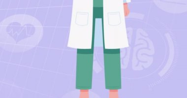 Mor arkaplanda dijital simgelerin üzerine yüz maskesi takan doktorların animasyonu. küresel covid 19 salgın konsepti dijital olarak oluşturulmuş video.