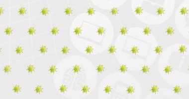 Gri arkaplandaki dijital simgeler üzerinde covid 19 virüs hücresinin animasyonu. küresel covid 19 salgın konsepti dijital olarak oluşturulmuş video.