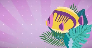 Pembe çizgili arka planda balık ve tropikal bitki yapraklarının animasyonu. tropikal yaban hayatı ve macera konsepti dijital olarak oluşturulmuş video.