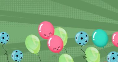 Yeşil arka planda uçan renkli balonların canlandırması. parti ve kutlama konsepti dijital olarak oluşturulmuş video.
