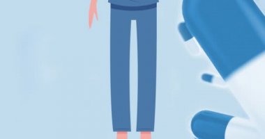 Mavi arka planda hapların üzerine maske takan doktor animasyonu. küresel covid 19 salgın konsepti dijital olarak oluşturulmuş video.