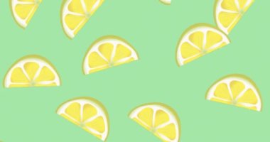 Yeşil arka planda yüzen tek limonların animasyonu. tropikal meyve, refah, yaz ve tatil konsepti dijital olarak üretilen video.