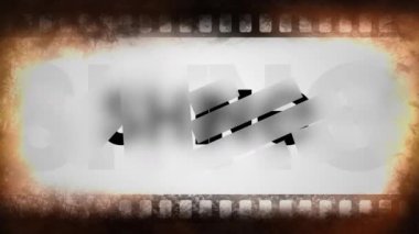 Gri arkaplandaki parlak metin üzerindeki film makarasının dijital animasyonu. metin paneli konsepti