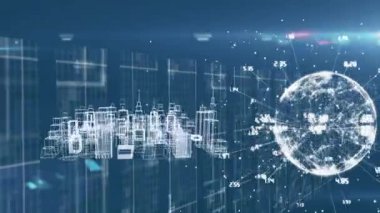 Mavi arkaplandaki dünya ve bağlantılar ağının animasyonu. iletişim teknolojisi, veri paylaşımı ve dijital arayüz konsepti dijital olarak oluşturulmuş video.